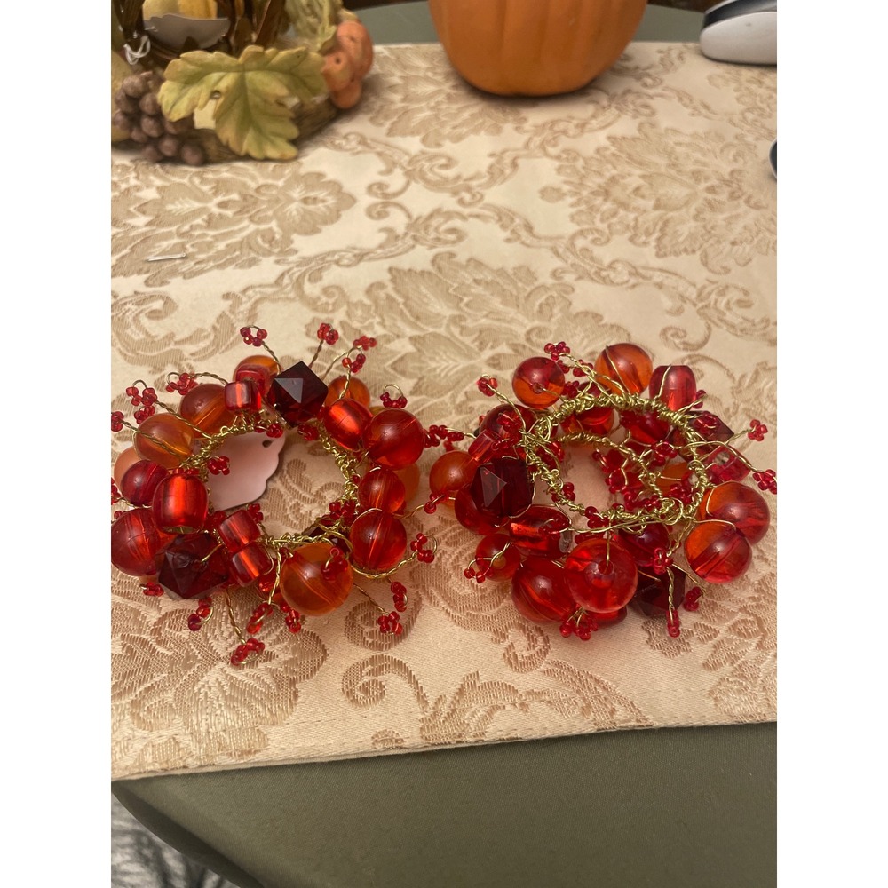 Four Fall Amber Beaded Napkin Rings Gold Wire Festive Holiday TableDecor